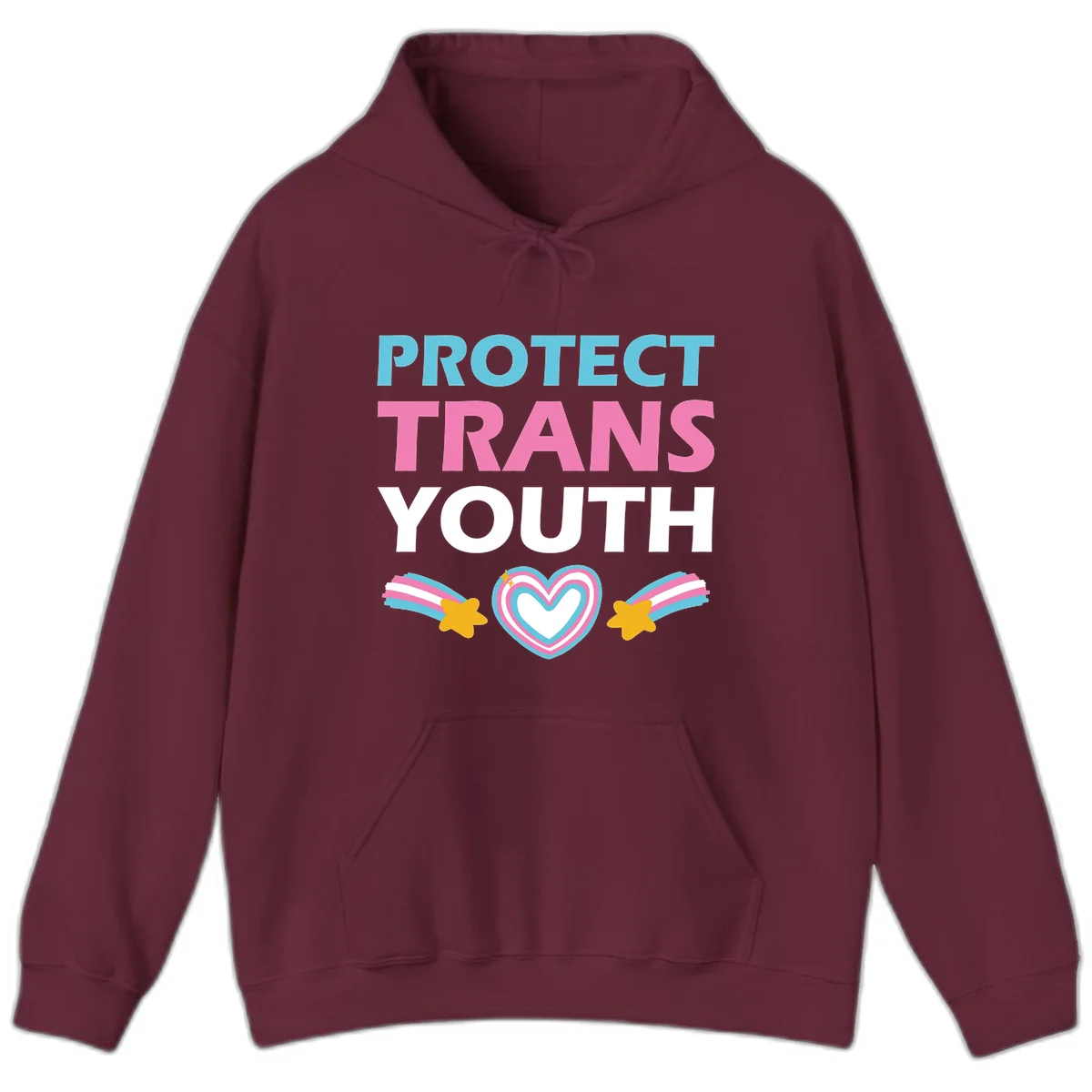 Protect trans youth design with cyan, pink, and white text, rainbow heart, and gold stars on gray background in Maroon