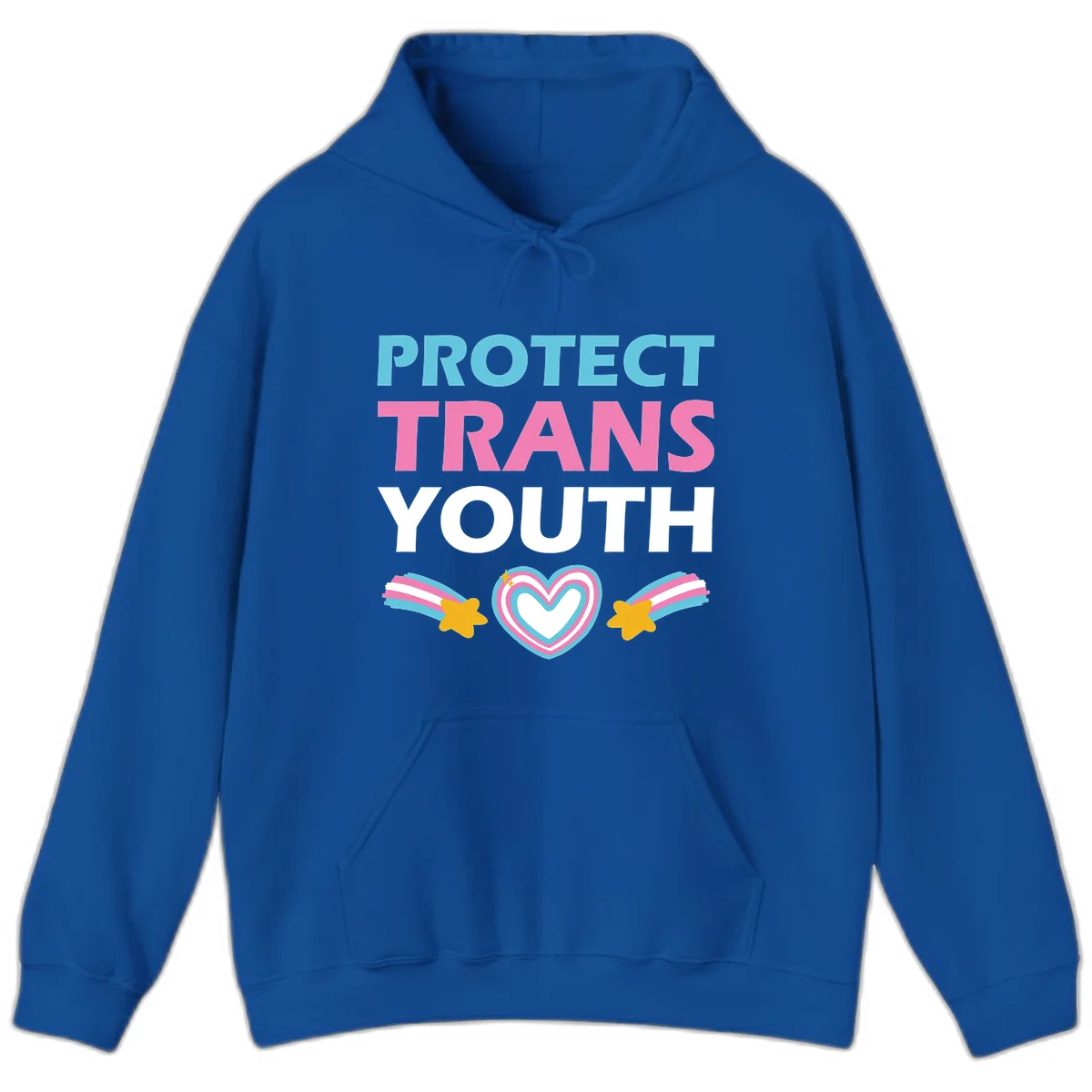 Protect trans youth design with cyan, pink, and white text, rainbow heart, and gold stars on gray background in Royal