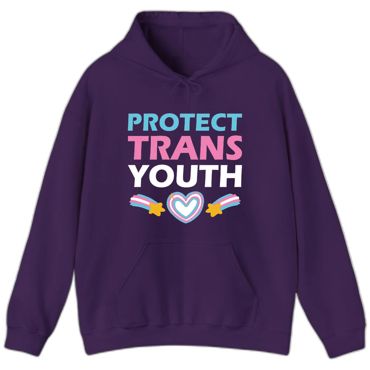 Protect trans youth design with cyan, pink, and white text, rainbow heart, and gold stars on gray background in Purple