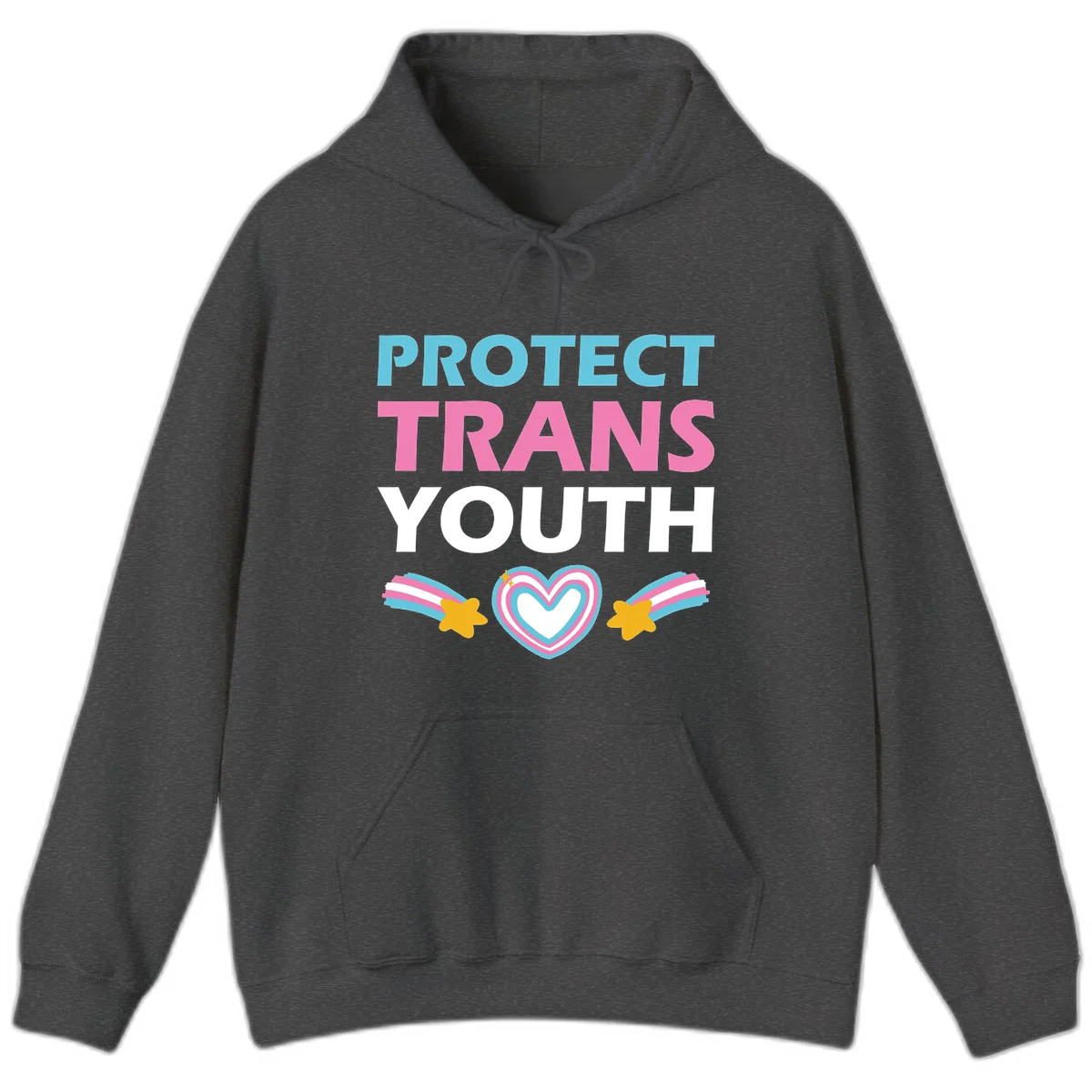 Protect trans youth design with cyan, pink, and white text, rainbow heart, and gold stars on gray background in Dark Heather