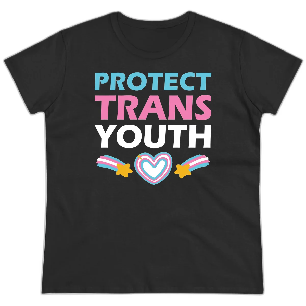 Protect trans youth design with cyan, pink, and white text, rainbow heart, and gold stars on gray background in Black