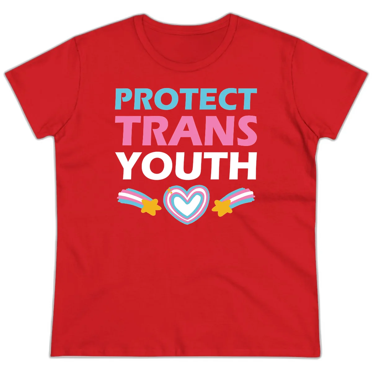 Protect trans youth design with cyan, pink, and white text, rainbow heart, and gold stars on gray background in Red