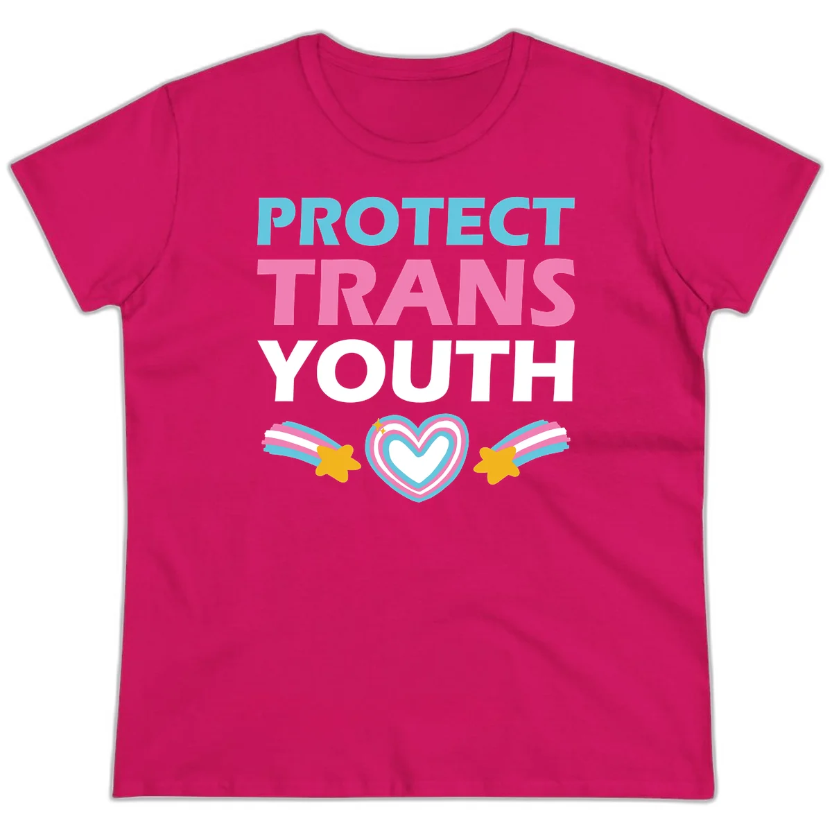Protect trans youth design with cyan, pink, and white text, rainbow heart, and gold stars on gray background in Heliconia