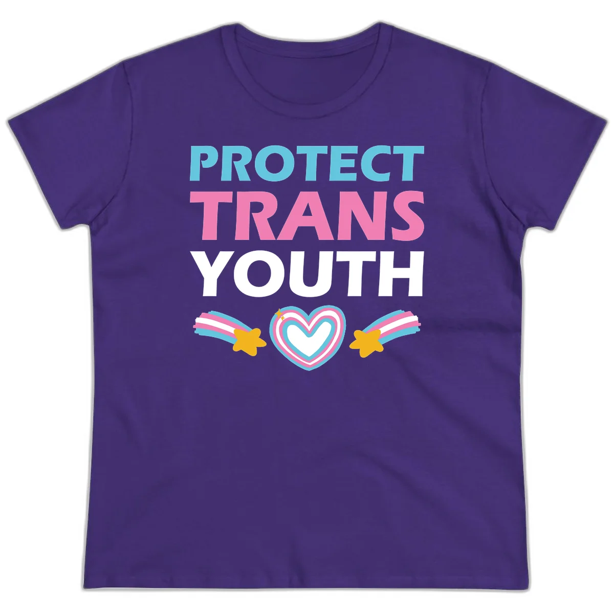 Protect trans youth design with cyan, pink, and white text, rainbow heart, and gold stars on gray background in Purple