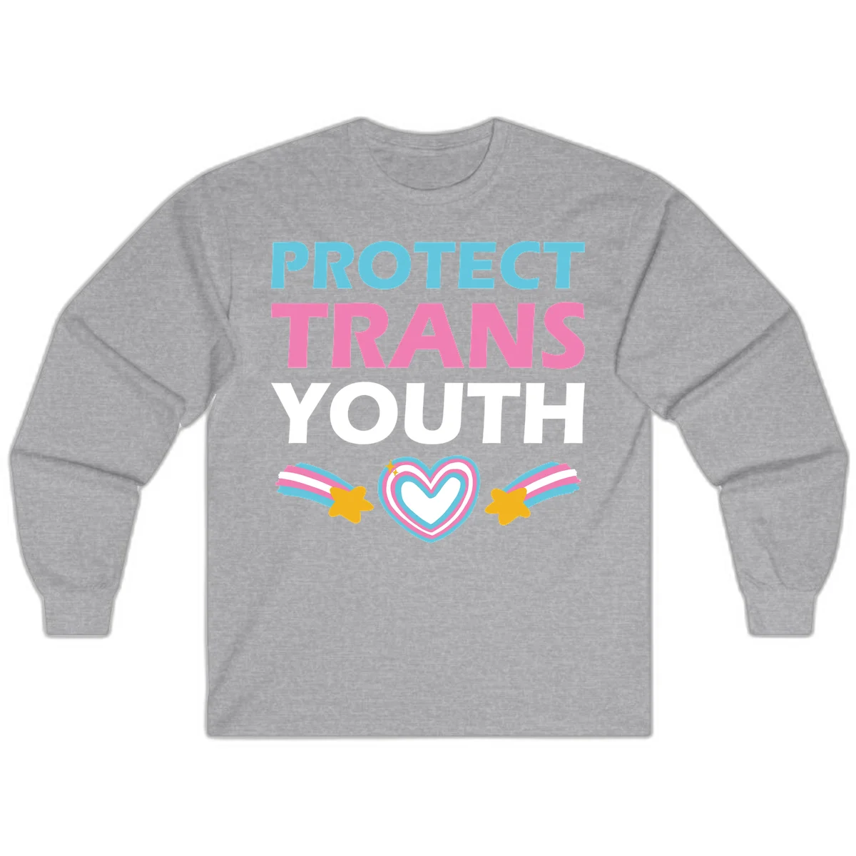 Protect trans youth design with cyan, pink, and white text, rainbow heart, and gold stars on gray background in Sport Grey