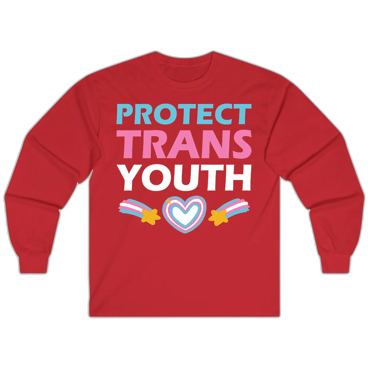 Protect trans youth design with cyan, pink, and white text, rainbow heart, and gold stars on gray background in Red