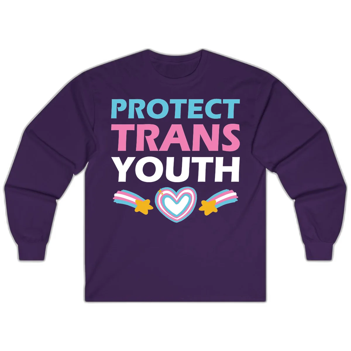 Protect trans youth design with cyan, pink, and white text, rainbow heart, and gold stars on gray background in Purple