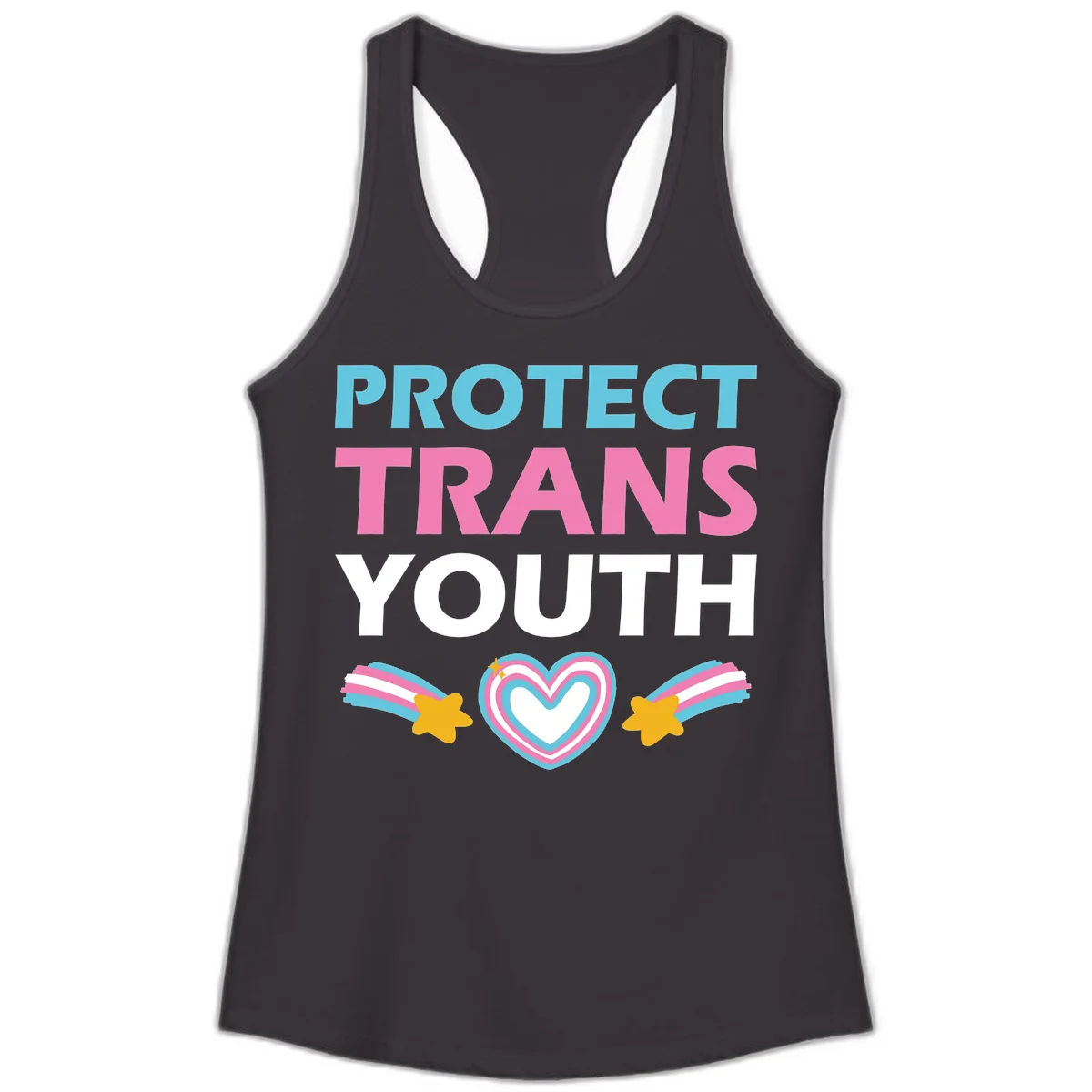 Protect trans youth design with cyan, pink, and white text, rainbow heart, and gold stars on gray background in Black