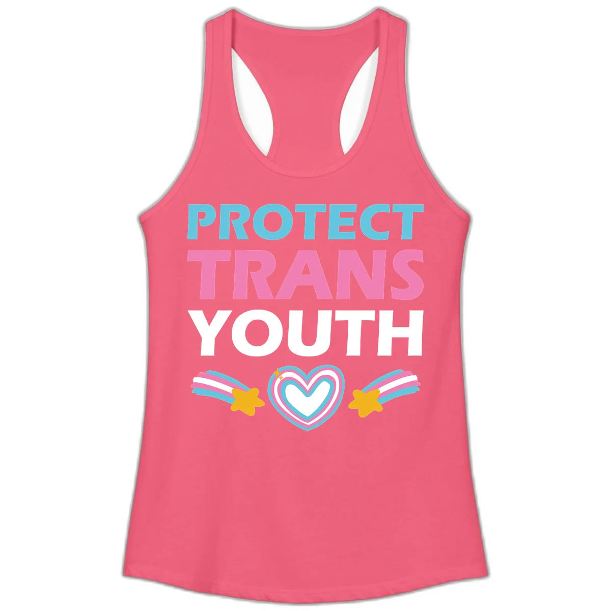 Protect trans youth design with cyan, pink, and white text, rainbow heart, and gold stars on gray background in Hot Pink