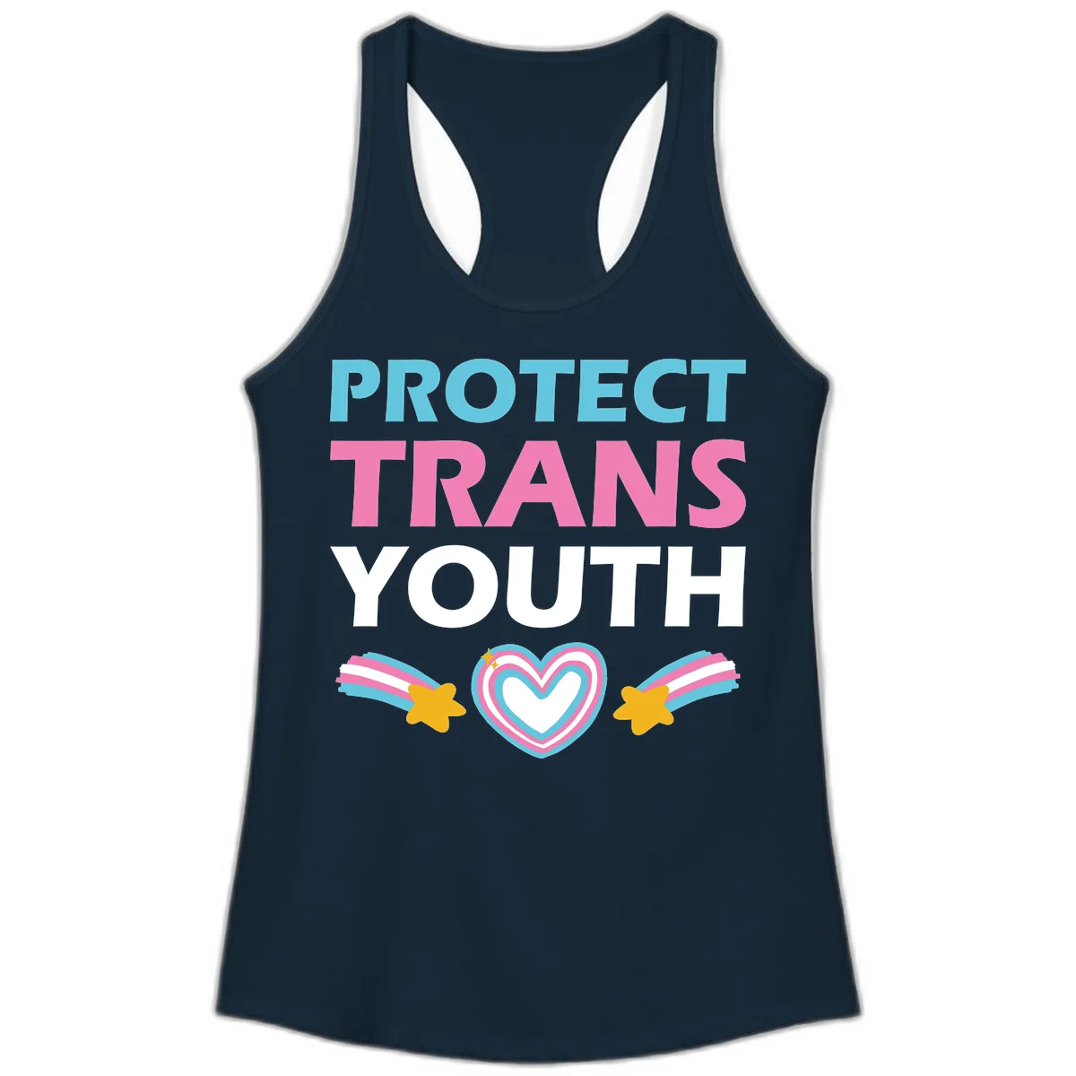 Protect trans youth design with cyan, pink, and white text, rainbow heart, and gold stars on gray background in Solid Midnight Navy