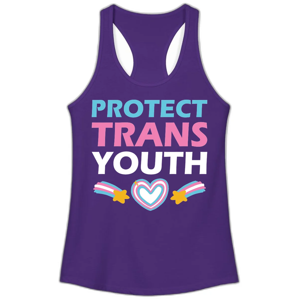Protect trans youth design with cyan, pink, and white text, rainbow heart, and gold stars on gray background in Solid Purple Rush