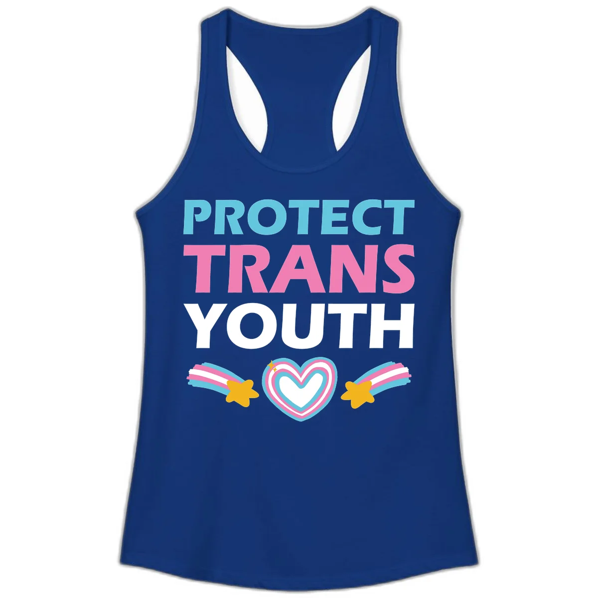 Protect trans youth design with cyan, pink, and white text, rainbow heart, and gold stars on gray background in Solid Royal