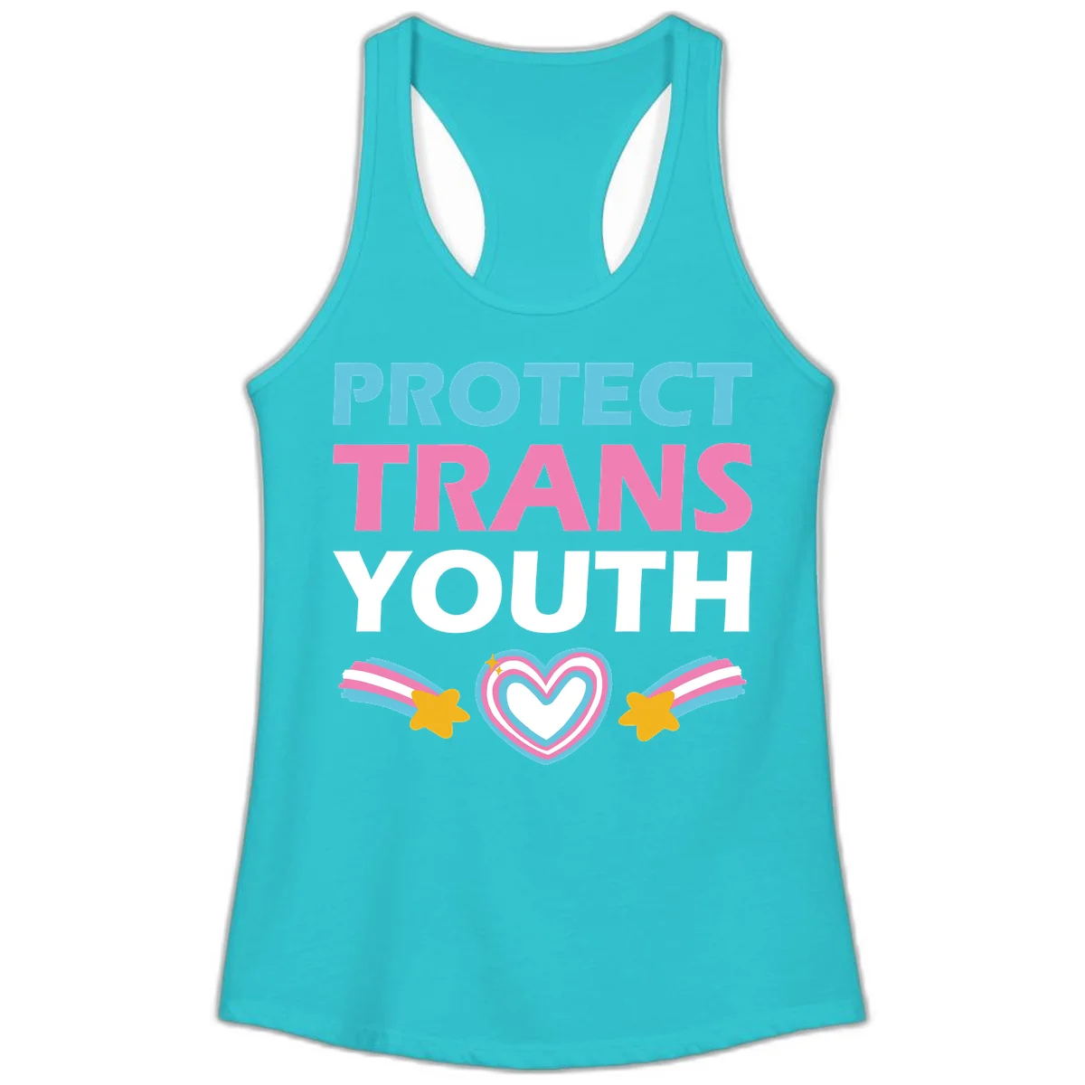 Protect trans youth design with cyan, pink, and white text, rainbow heart, and gold stars on gray background in Solid Tahiti Blue