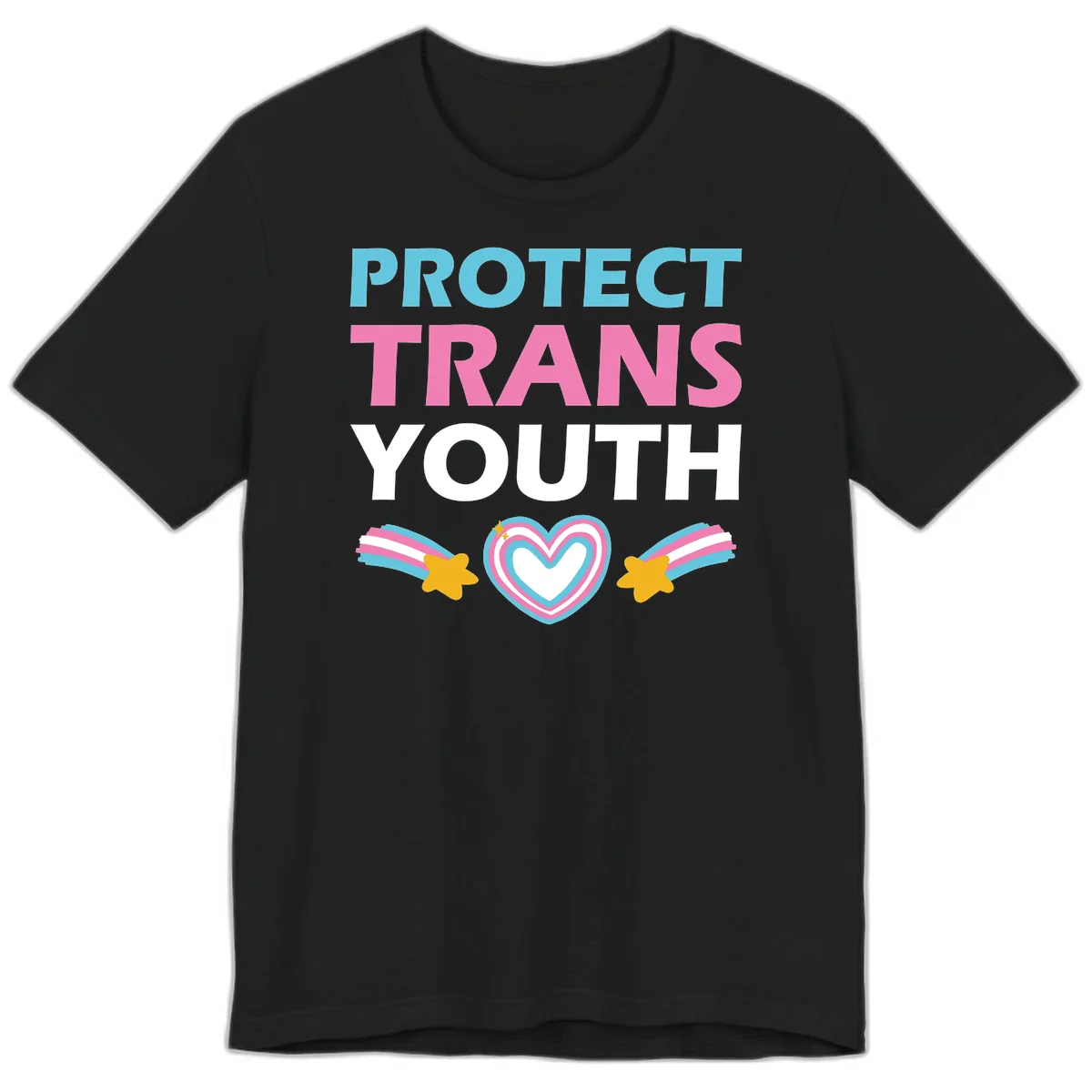 Protect trans youth design with cyan, pink, and white text, rainbow heart, and gold stars on gray background in Black