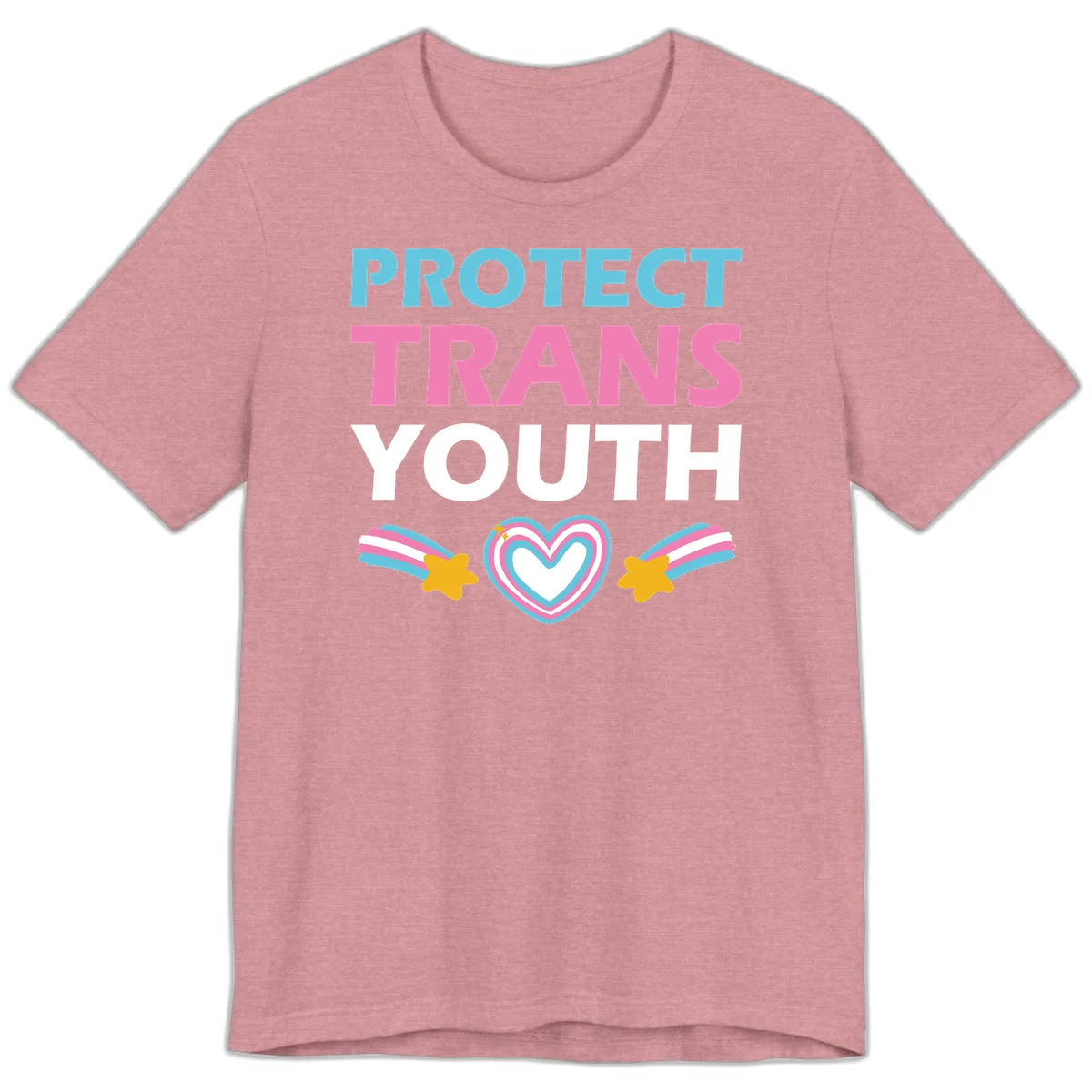 Protect trans youth design with cyan, pink, and white text, rainbow heart, and gold stars on gray background in Heather Orchid