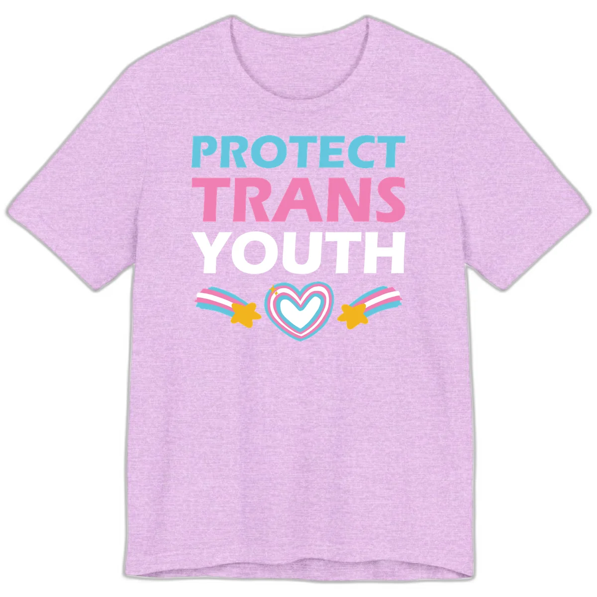 Protect trans youth design with cyan, pink, and white text, rainbow heart, and gold stars on gray background in Heather Prism Lilac