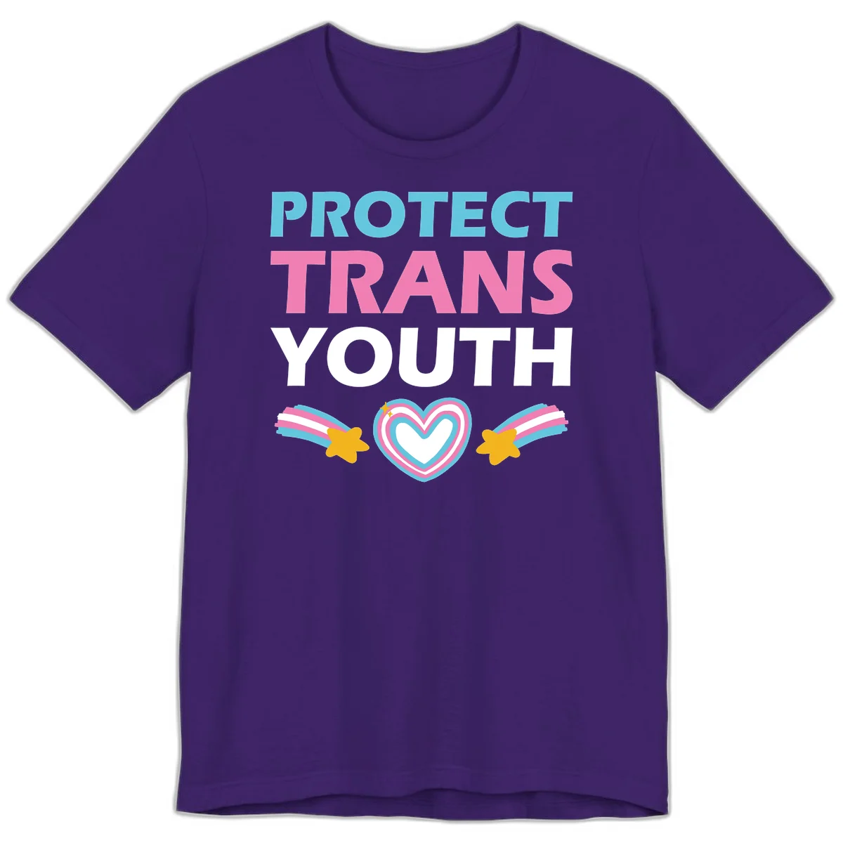 Protect trans youth design with cyan, pink, and white text, rainbow heart, and gold stars on gray background in Team Purple