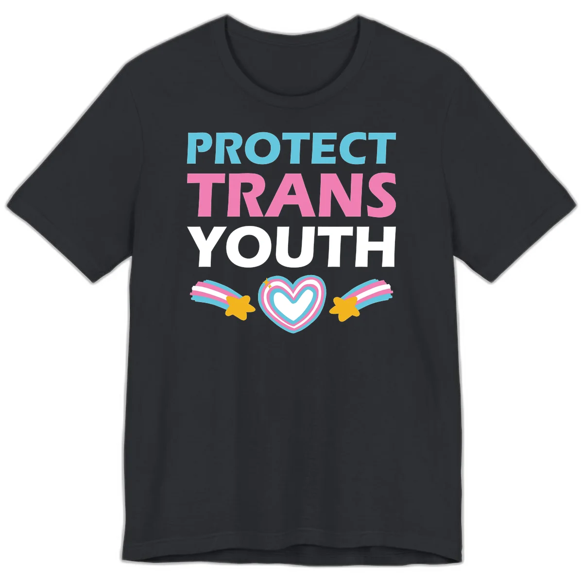 Protect trans youth design with cyan, pink, and white text, rainbow heart, and gold stars on gray background in Vintage Black