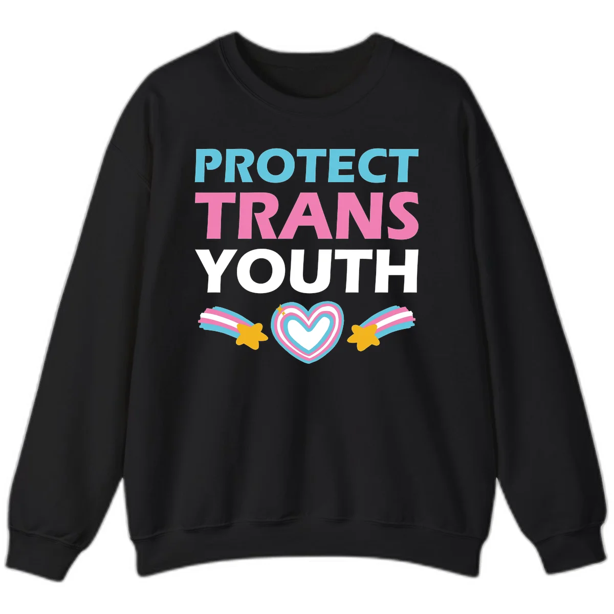 Protect trans youth design with cyan, pink, and white text, rainbow heart, and gold stars on gray background in Black