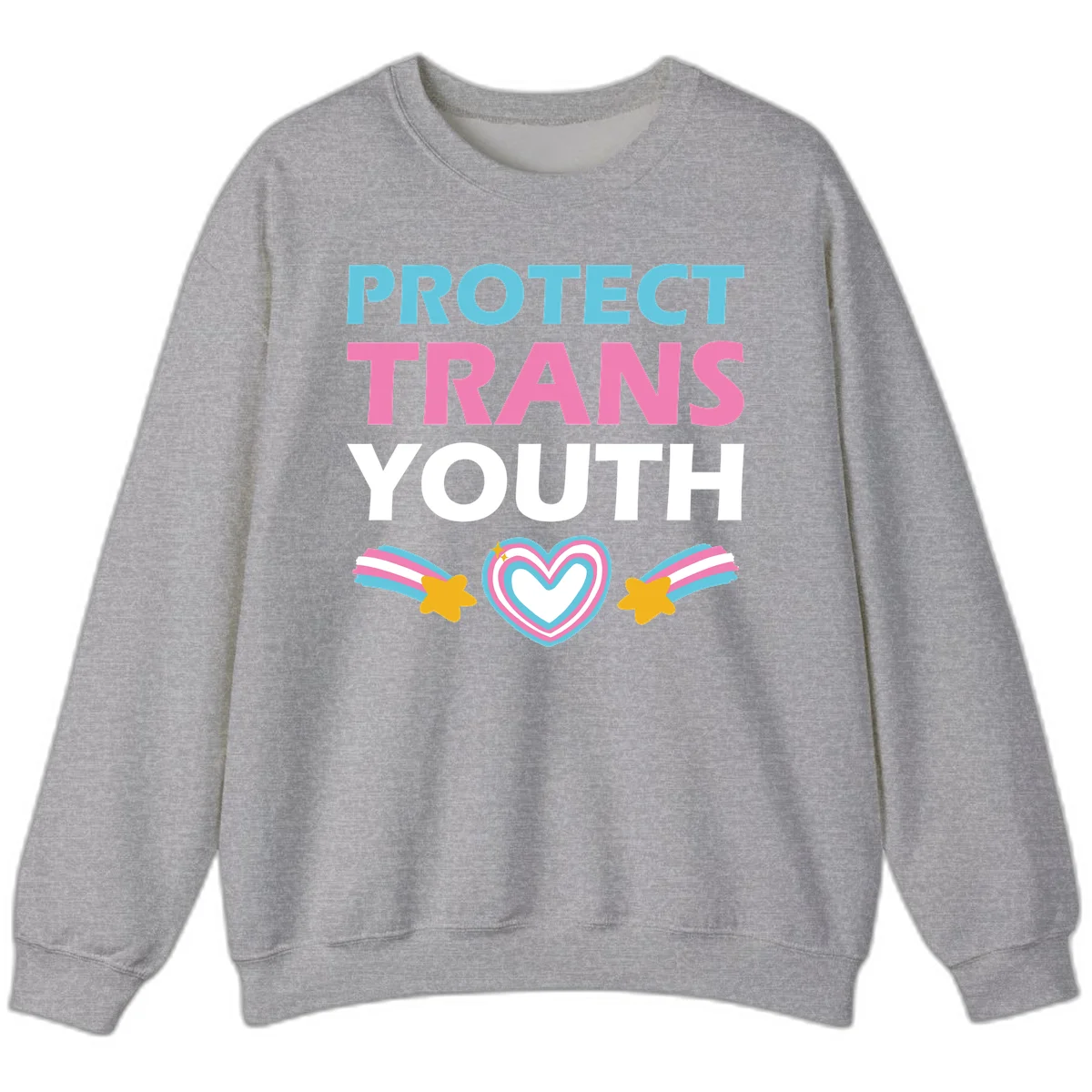 Protect trans youth design with cyan, pink, and white text, rainbow heart, and gold stars on gray background in Sport Grey