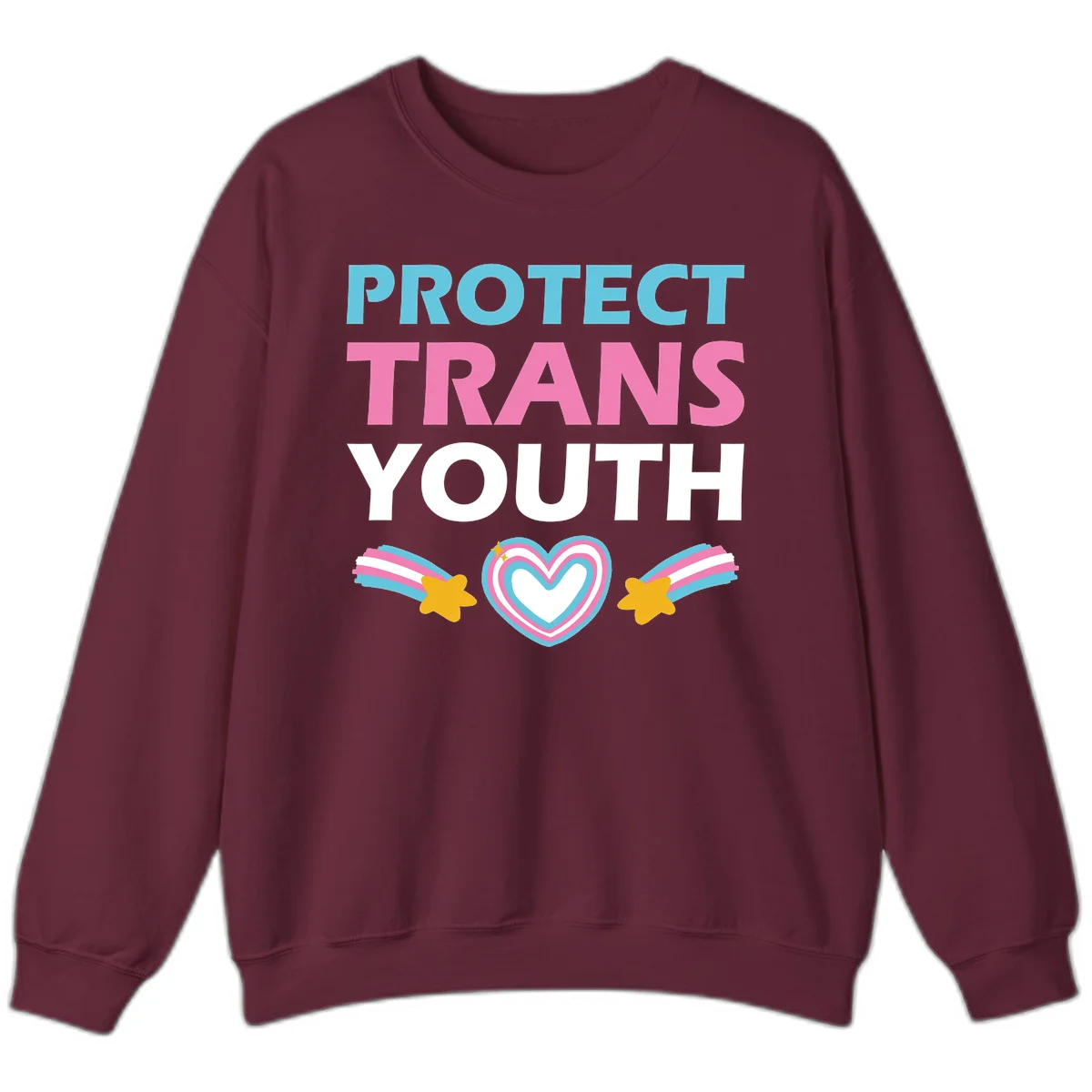 Protect trans youth design with cyan, pink, and white text, rainbow heart, and gold stars on gray background in Maroon