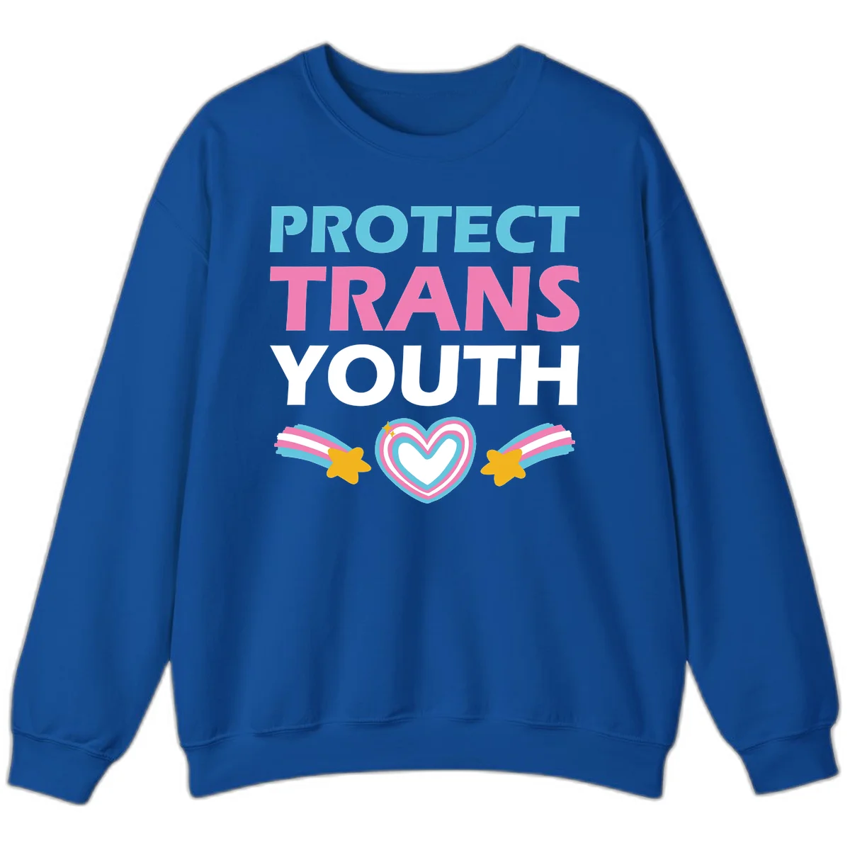 Protect trans youth design with cyan, pink, and white text, rainbow heart, and gold stars on gray background in Royal