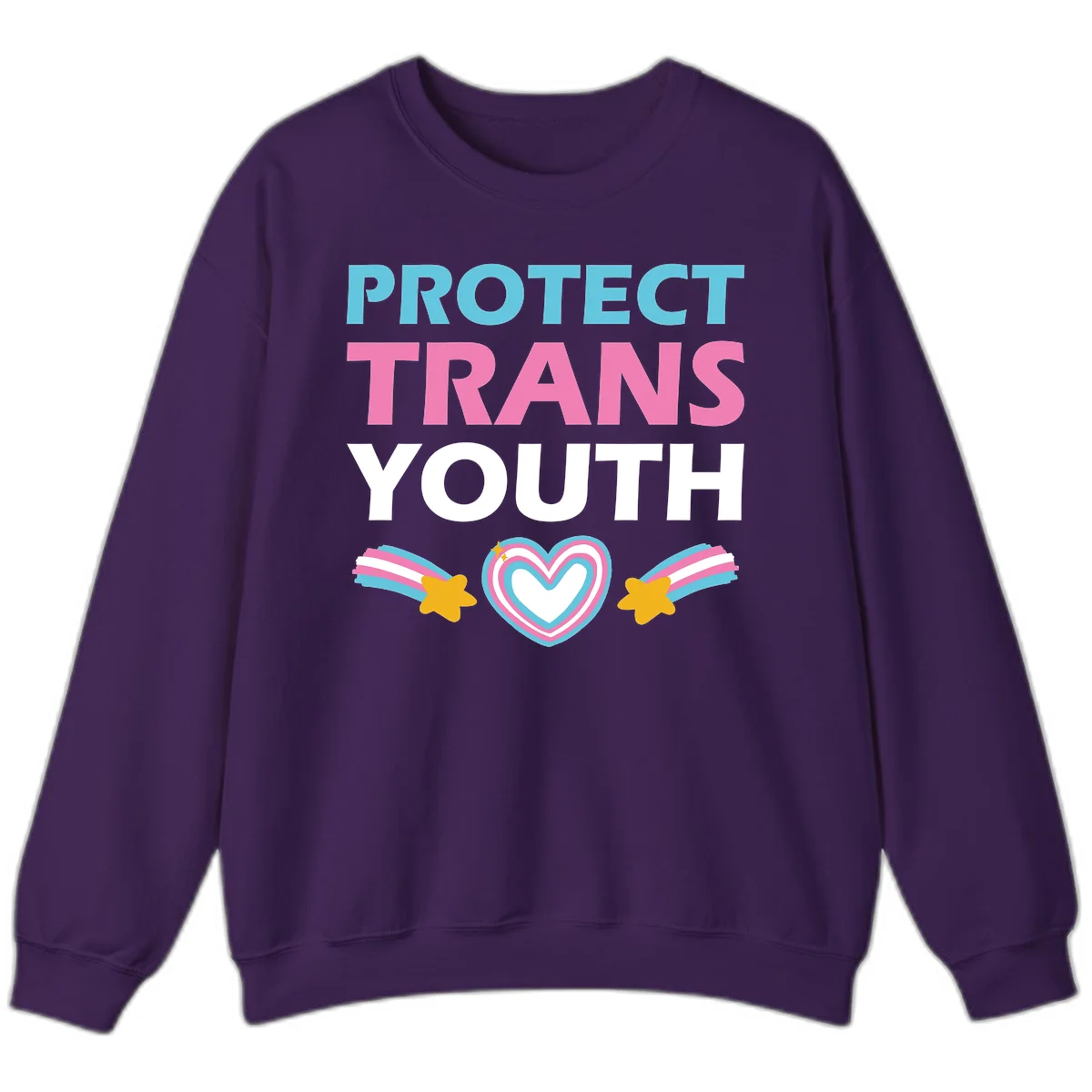 Protect trans youth design with cyan, pink, and white text, rainbow heart, and gold stars on gray background in Purple