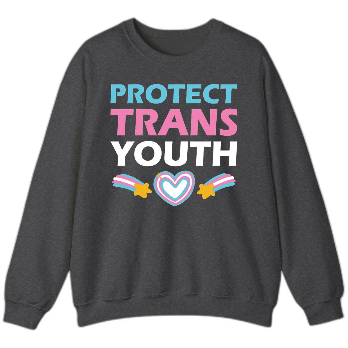 Protect trans youth design with cyan, pink, and white text, rainbow heart, and gold stars on gray background in Dark Heather