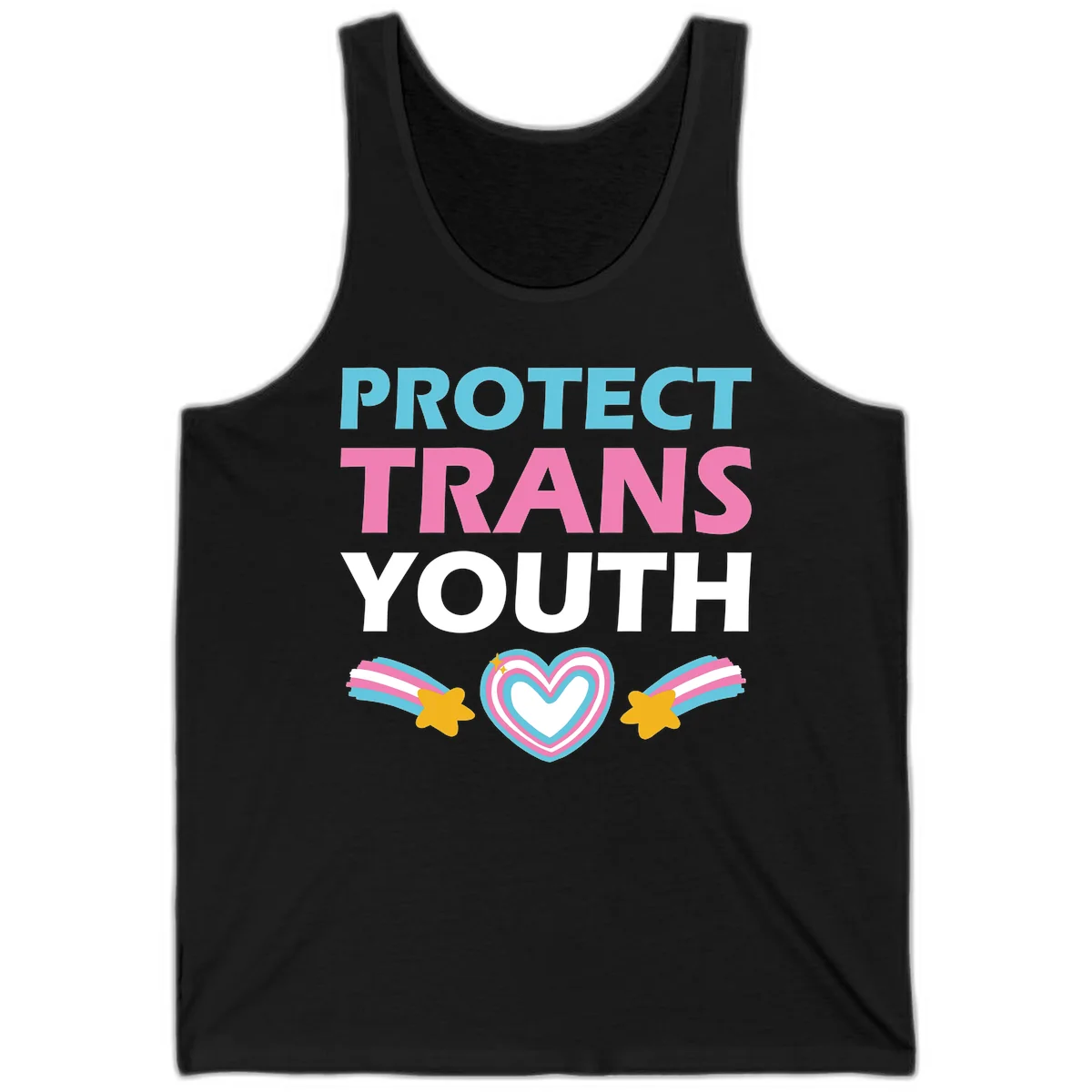 Protect trans youth design with cyan, pink, and white text, rainbow heart, and gold stars on gray background in Black