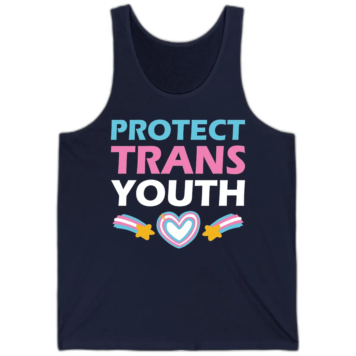 Protect trans youth design with cyan, pink, and white text, rainbow heart, and gold stars on gray background in Navy