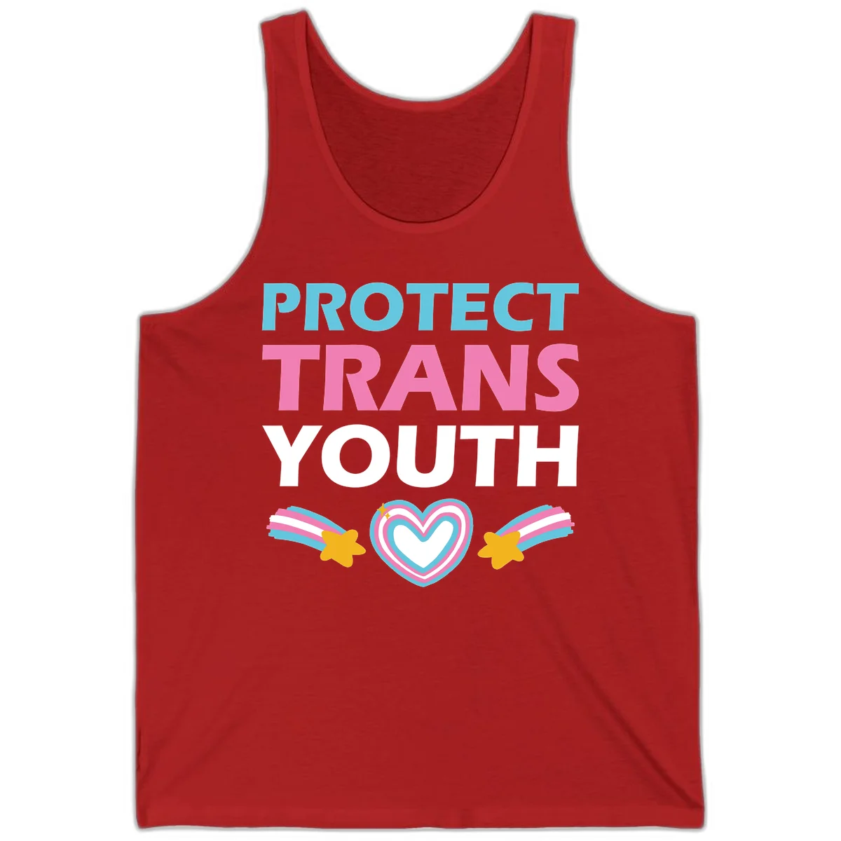 Protect trans youth design with cyan, pink, and white text, rainbow heart, and gold stars on gray background in Red