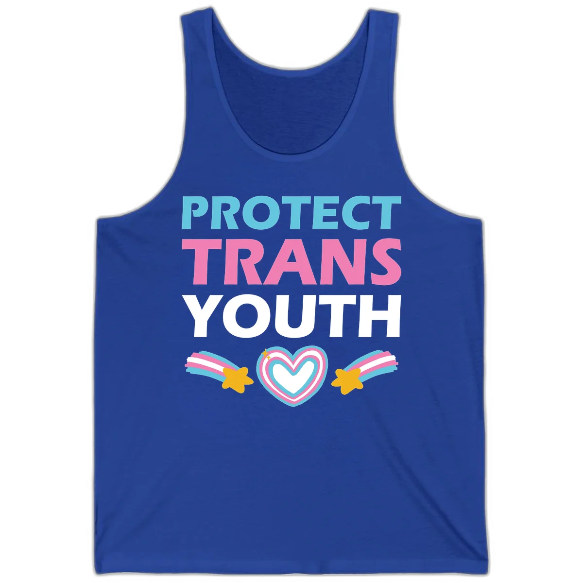 Protect trans youth design with cyan, pink, and white text, rainbow heart, and gold stars on gray background in True Royal