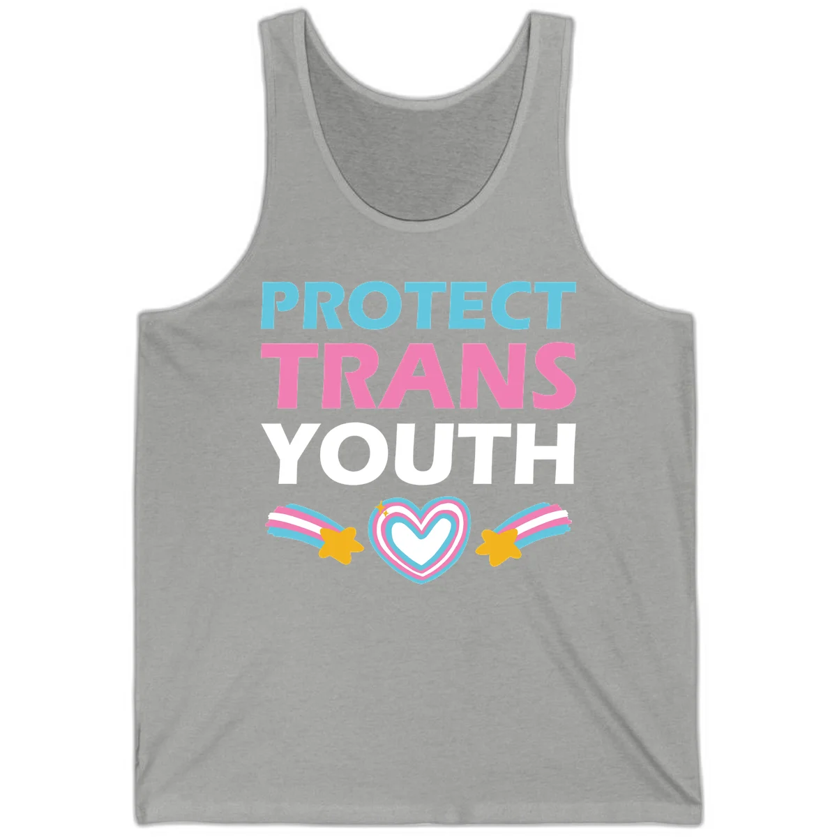 Protect trans youth design with cyan, pink, and white text, rainbow heart, and gold stars on gray background in Athletic Heather