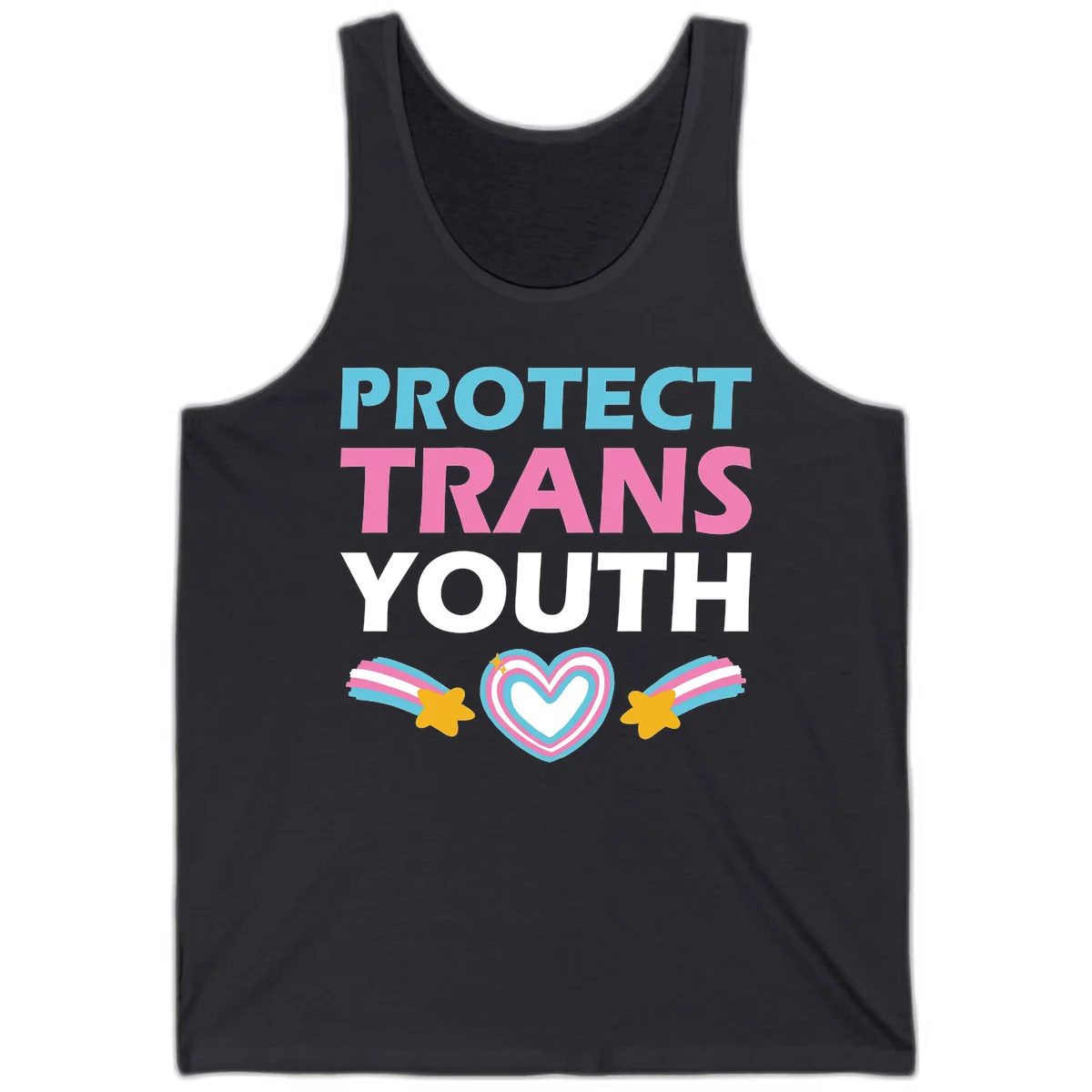Protect trans youth design with cyan, pink, and white text, rainbow heart, and gold stars on gray background in Dark Grey