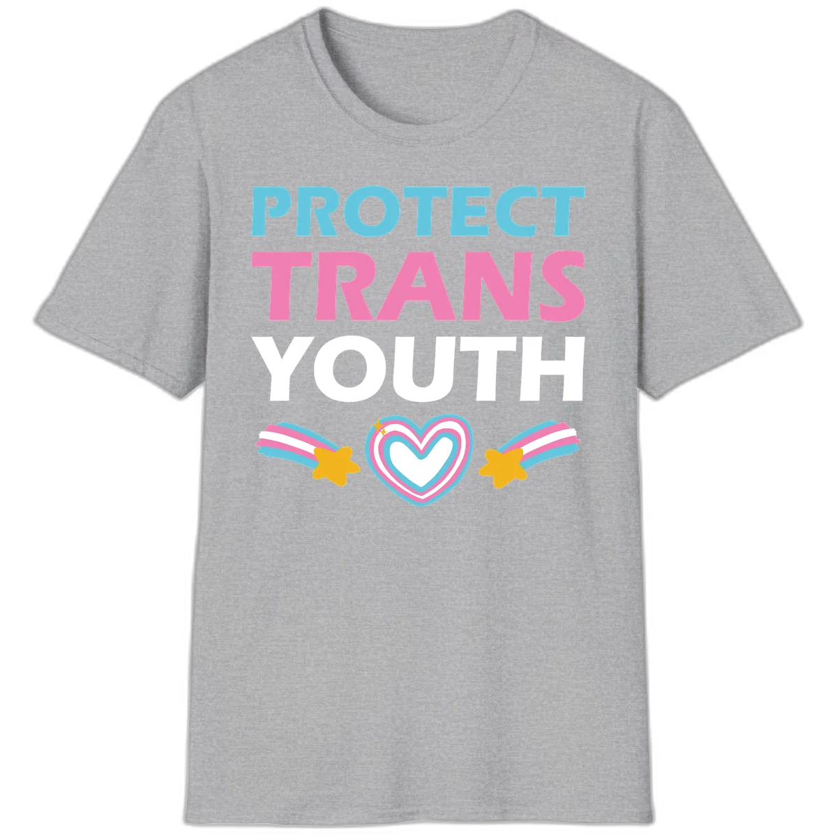 Protect trans youth design with cyan, pink, and white text, rainbow heart, and gold stars on gray background in Sport Grey