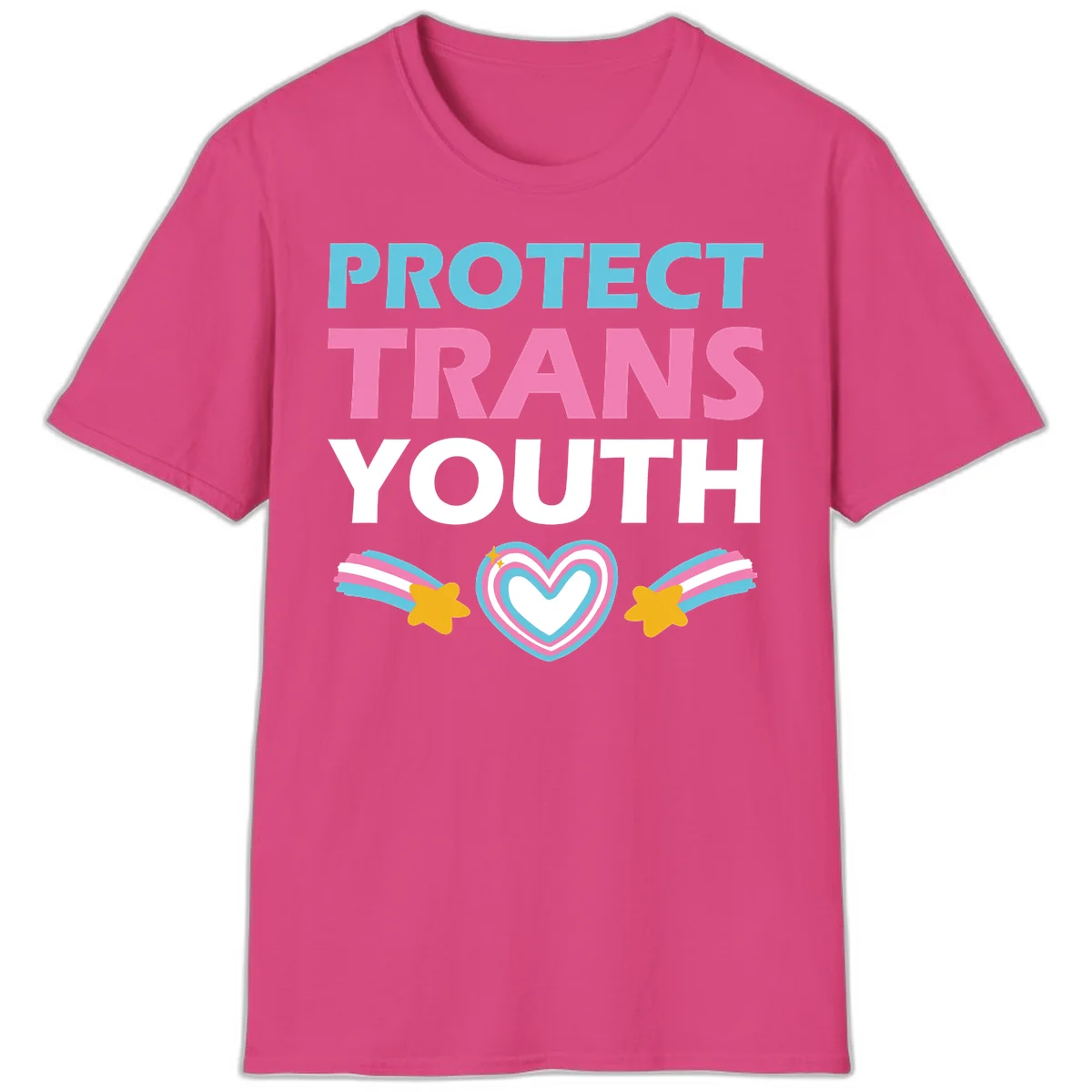 Protect trans youth design with cyan, pink, and white text, rainbow heart, and gold stars on gray background in Heliconia