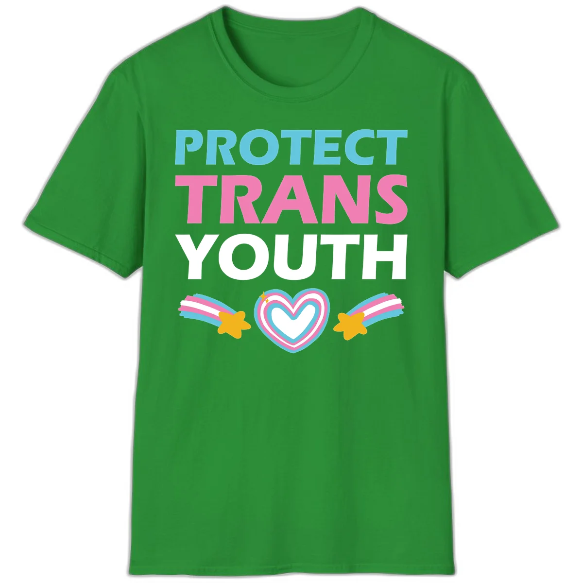 Protect trans youth design with cyan, pink, and white text, rainbow heart, and gold stars on gray background in Irish Green
