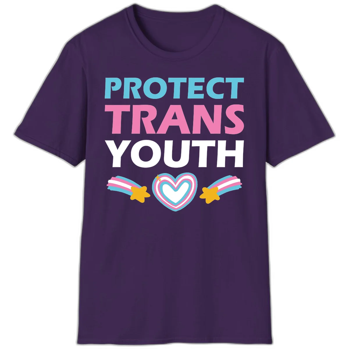 Protect trans youth design with cyan, pink, and white text, rainbow heart, and gold stars on gray background in Purple