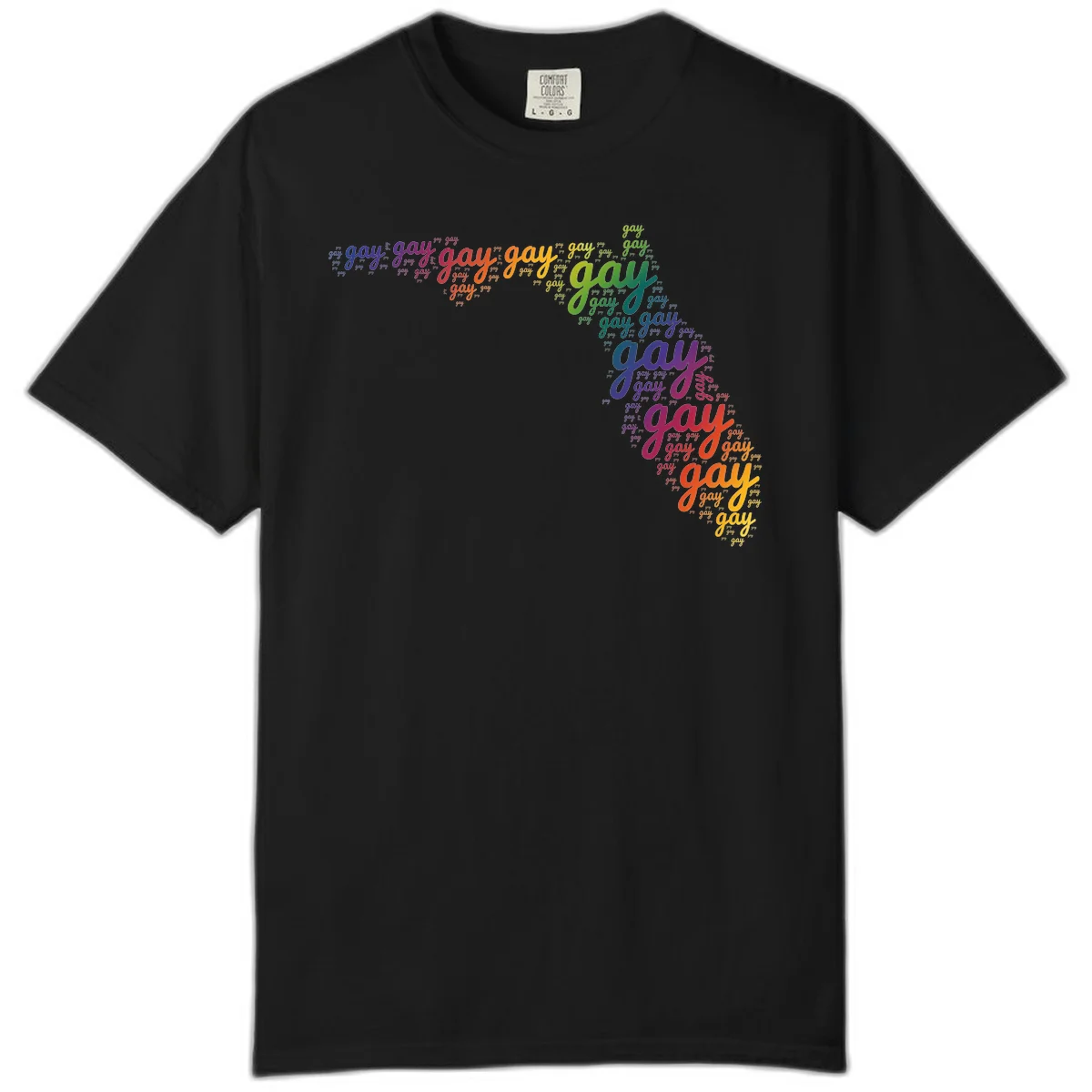 Gay pride word cloud with 'gay' repeated in rainbow colors including blue, purple, red, orange, yellow, and green on gray background in Black