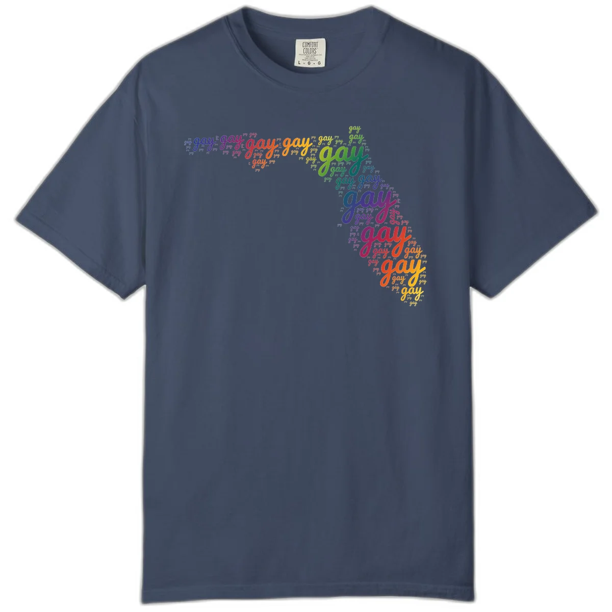 Gay pride word cloud with 'gay' repeated in rainbow colors including blue, purple, red, orange, yellow, and green on gray background in Midnight