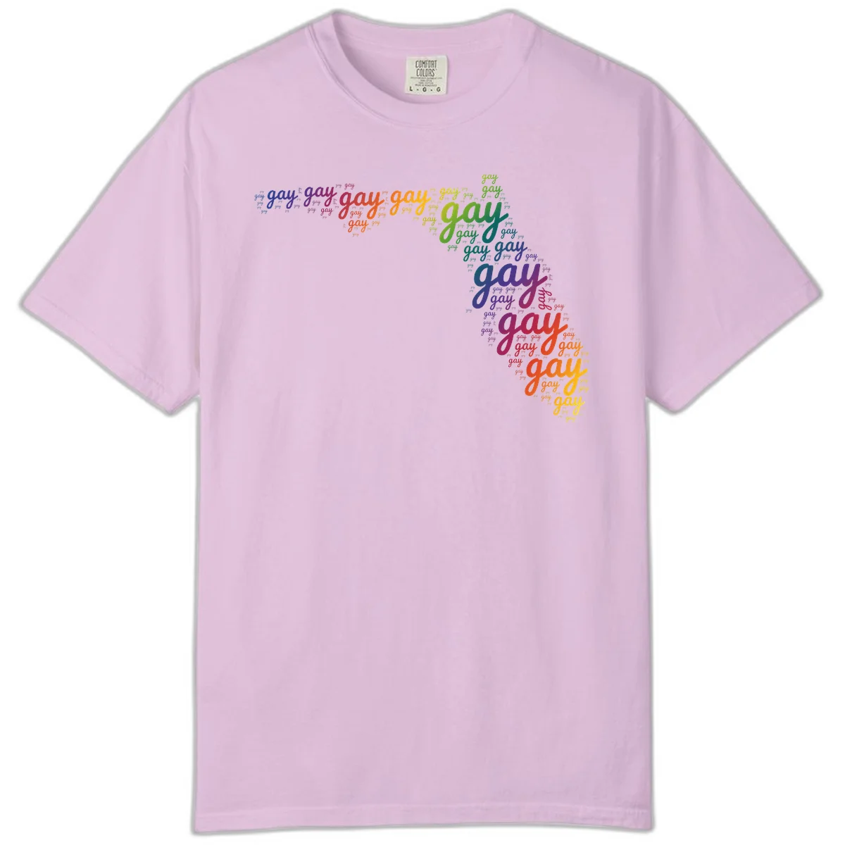 Gay pride word cloud with 'gay' repeated in rainbow colors including blue, purple, red, orange, yellow, and green on gray background in Orchid