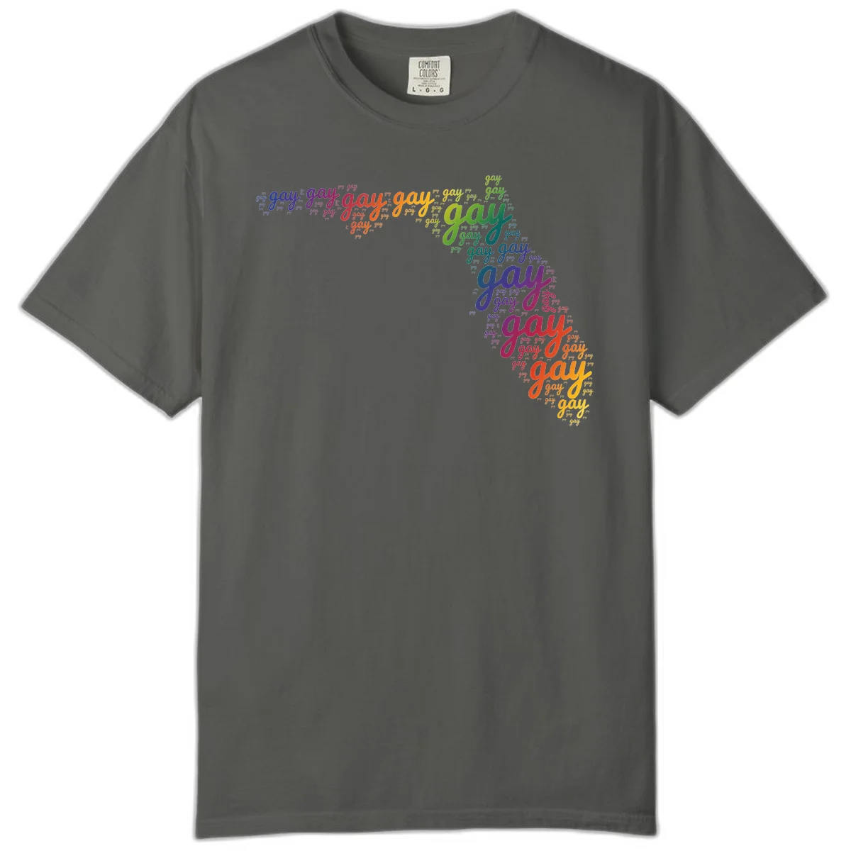 Gay pride word cloud with 'gay' repeated in rainbow colors including blue, purple, red, orange, yellow, and green on gray background in Pepper