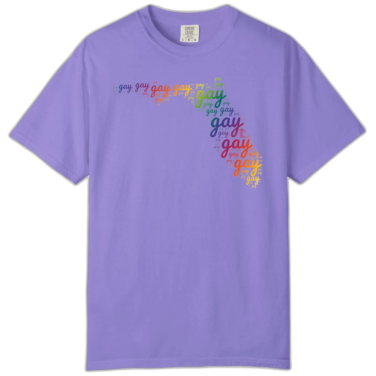Gay pride word cloud with 'gay' repeated in rainbow colors including blue, purple, red, orange, yellow, and green on gray background in Violet