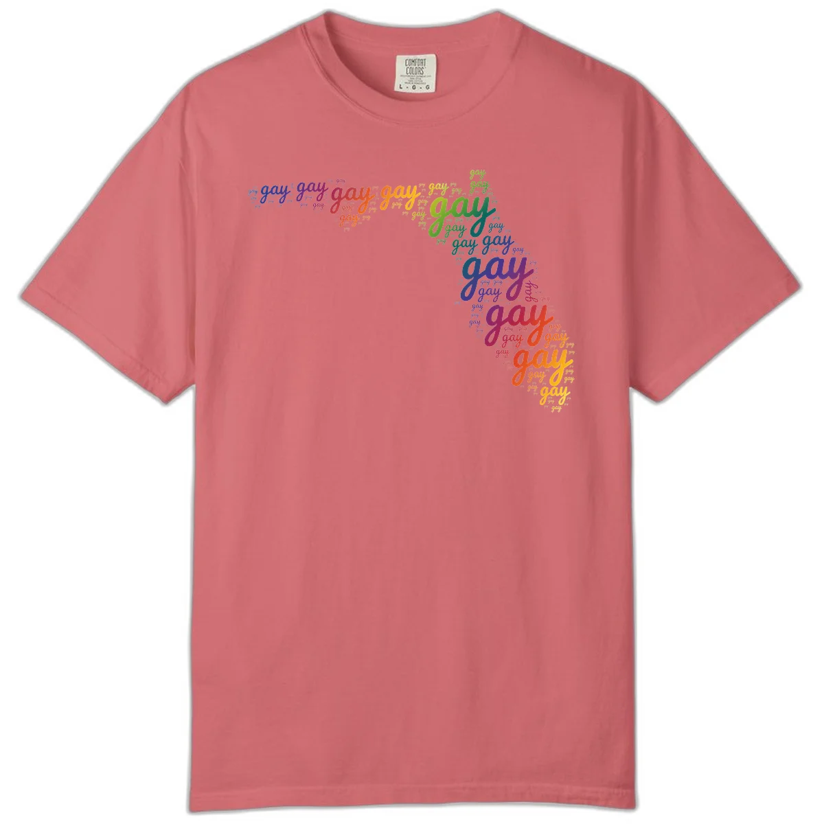 Gay pride word cloud with 'gay' repeated in rainbow colors including blue, purple, red, orange, yellow, and green on gray background in Watermelon