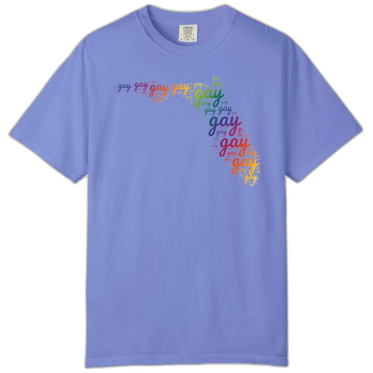 Gay pride word cloud with 'gay' repeated in rainbow colors including blue, purple, red, orange, yellow, and green on gray background in Flo Blue