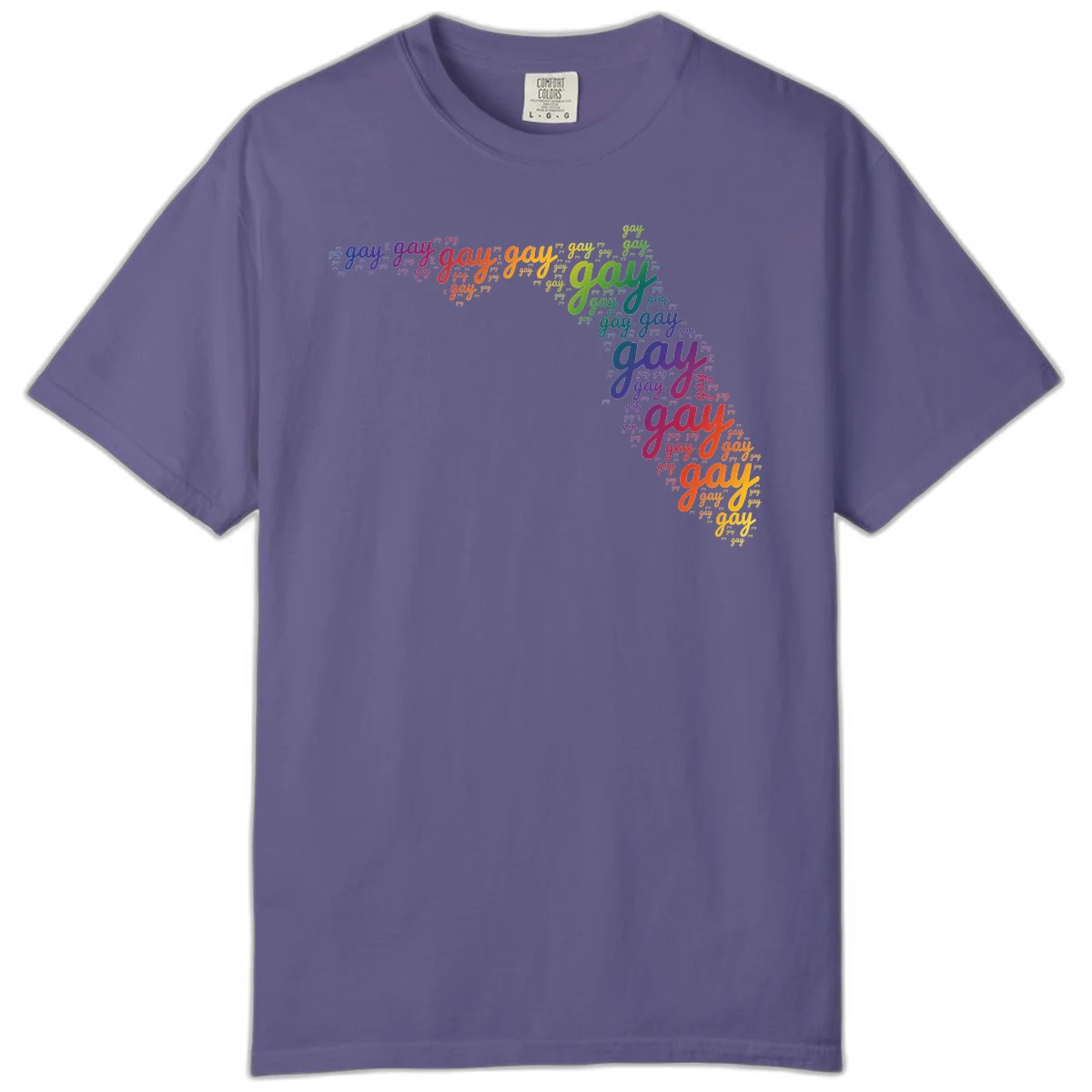 Gay pride word cloud with 'gay' repeated in rainbow colors including blue, purple, red, orange, yellow, and green on gray background in Grape