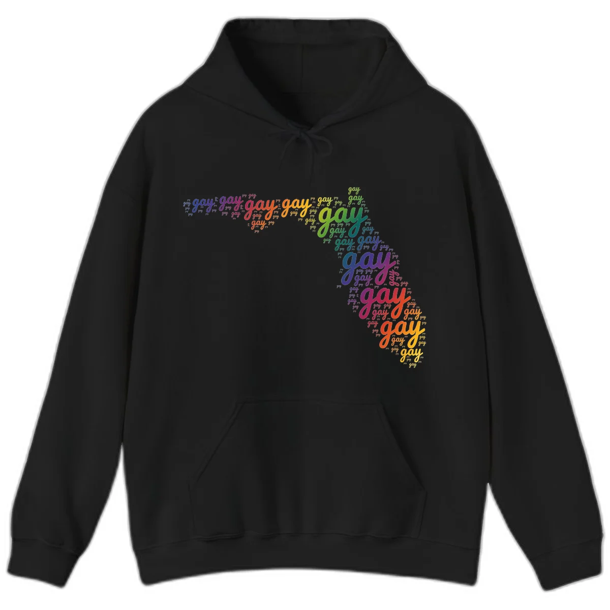 Gay pride word cloud with 'gay' repeated in rainbow colors including blue, purple, red, orange, yellow, and green on gray background in Black