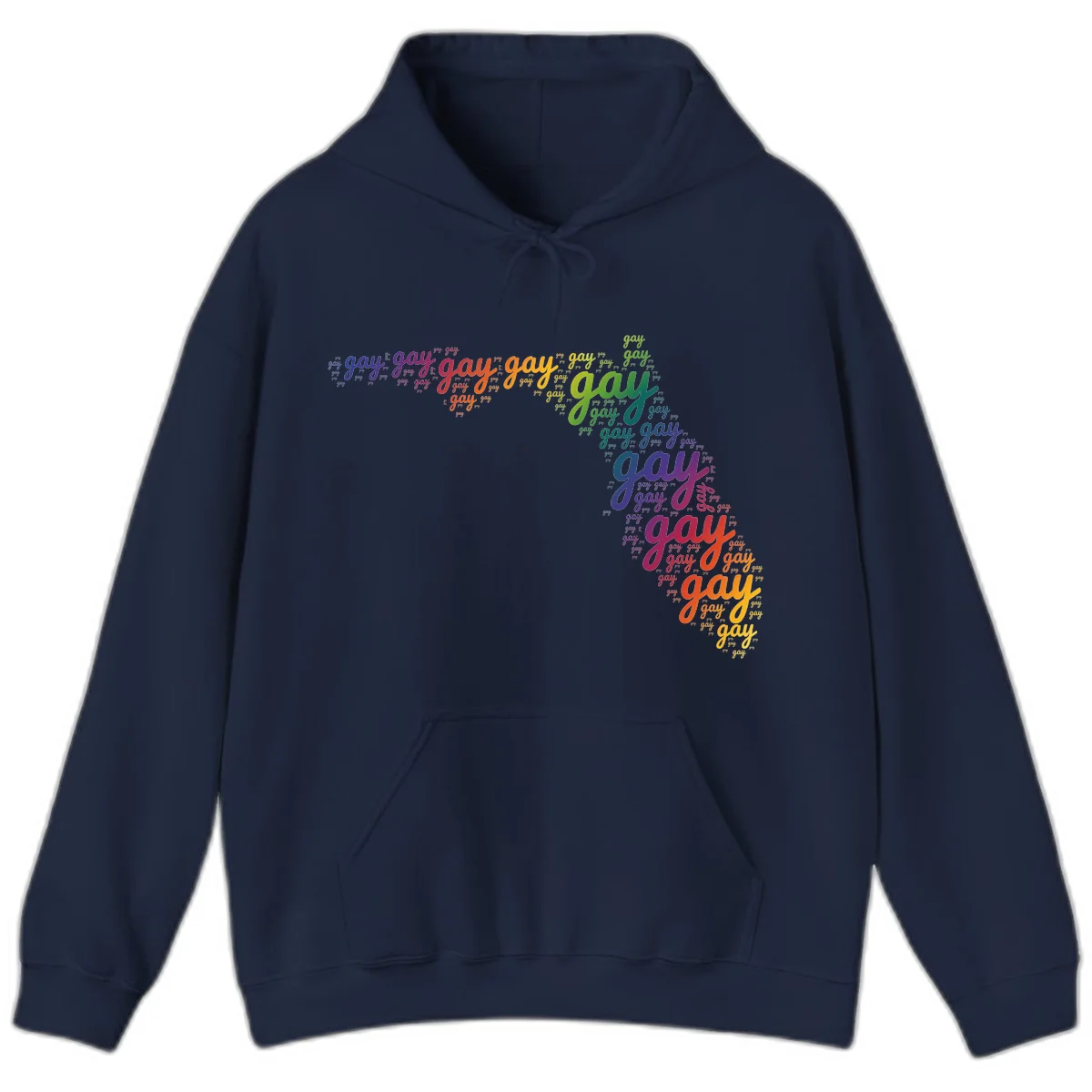 Gay pride word cloud with 'gay' repeated in rainbow colors including blue, purple, red, orange, yellow, and green on gray background in Navy