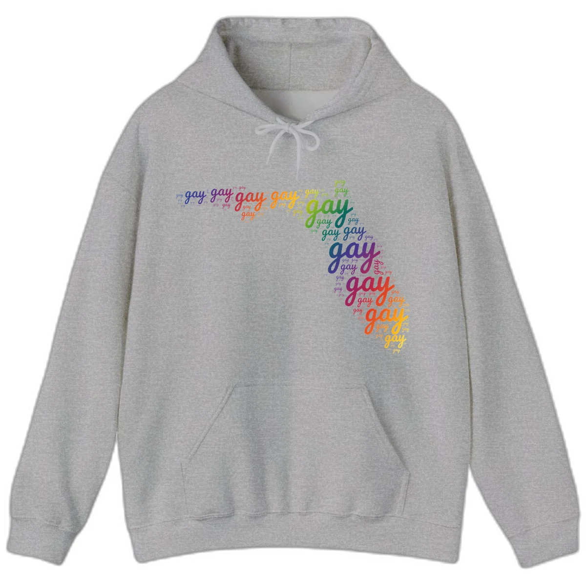 Gay pride word cloud with 'gay' repeated in rainbow colors including blue, purple, red, orange, yellow, and green on gray background in Sport Grey