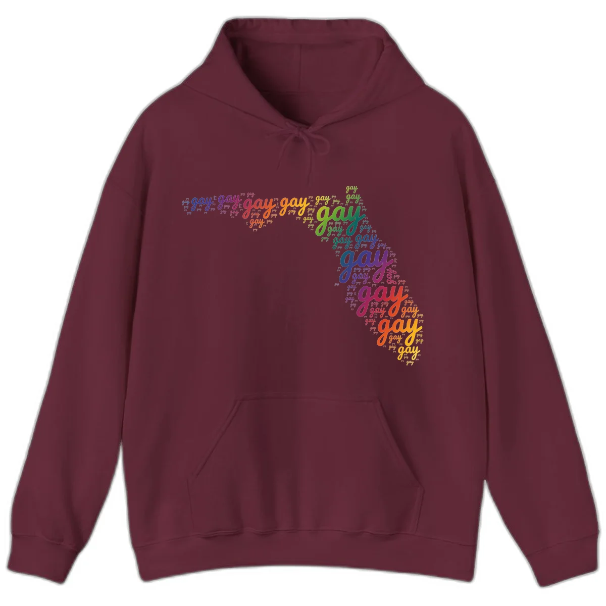Gay pride word cloud with 'gay' repeated in rainbow colors including blue, purple, red, orange, yellow, and green on gray background in Maroon